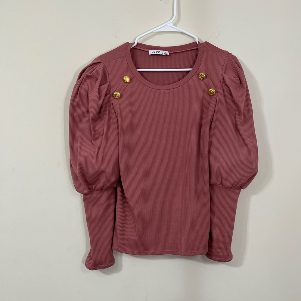 Love J Pink Ribbed Juliette Sleeve Button Long Sleeve Shirt - Picture 2 of 7